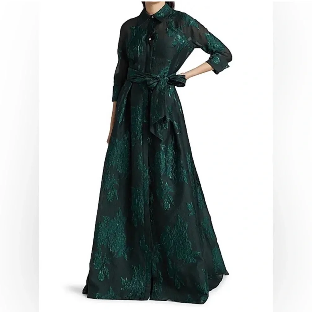 Teri Jon Rickie Freeman A-Line Jacquard Embroidered Green Shirt dress Gown 8 - Picture 4 of 12